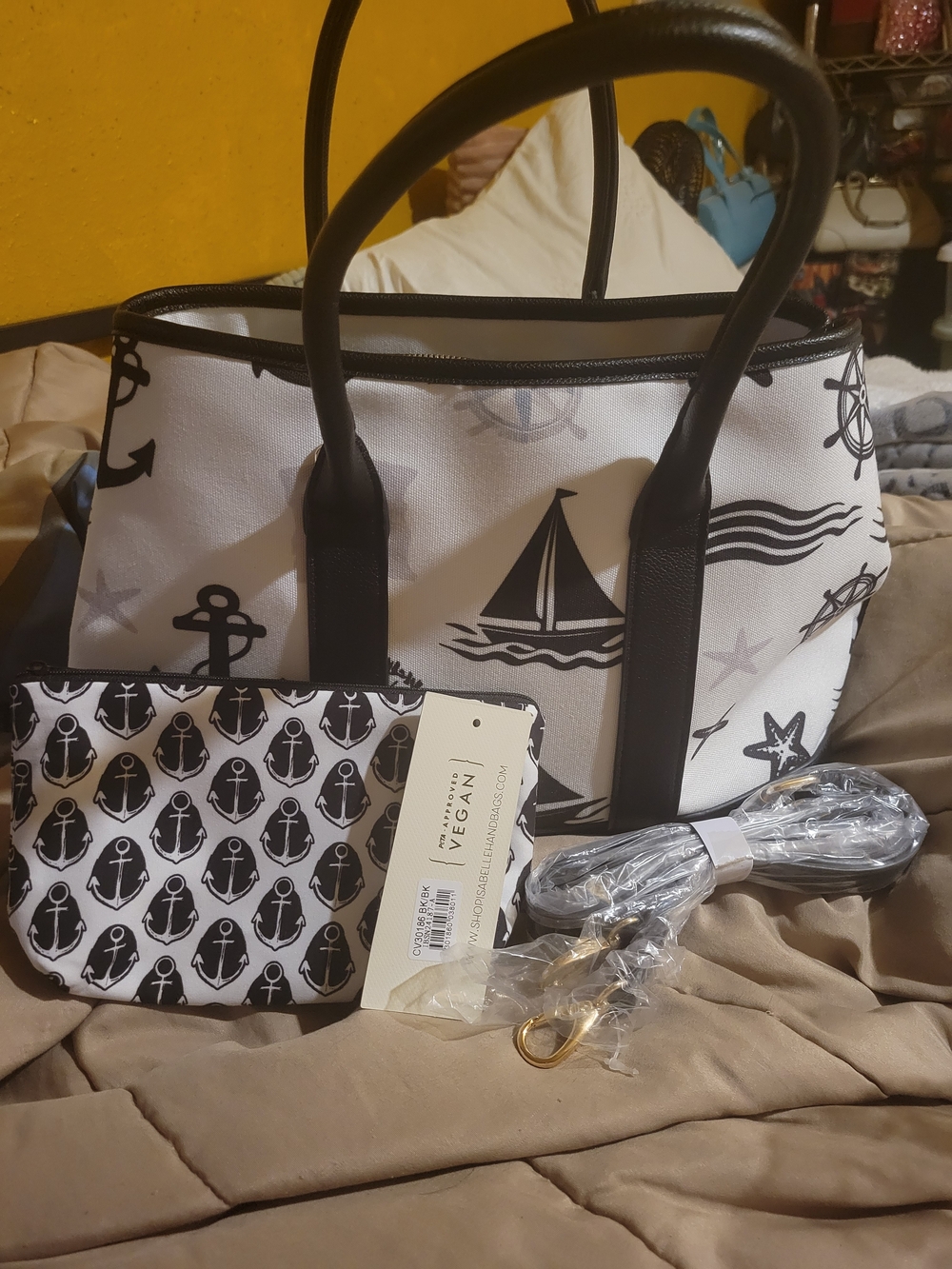 Nautical Print Tote Bag with Anchor Pouch - Black & White